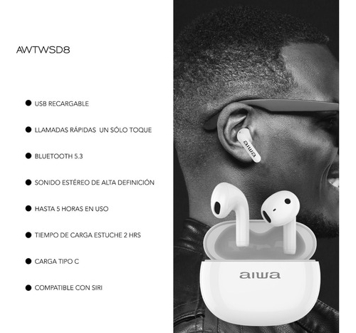 Audífonos Aiwa inalámbrico Tactil In-ear Bluetooth 5.3 Blanco